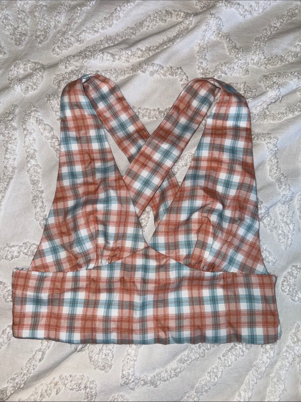Plaid Cropped Cross-Back Womenβs Top- Size S
